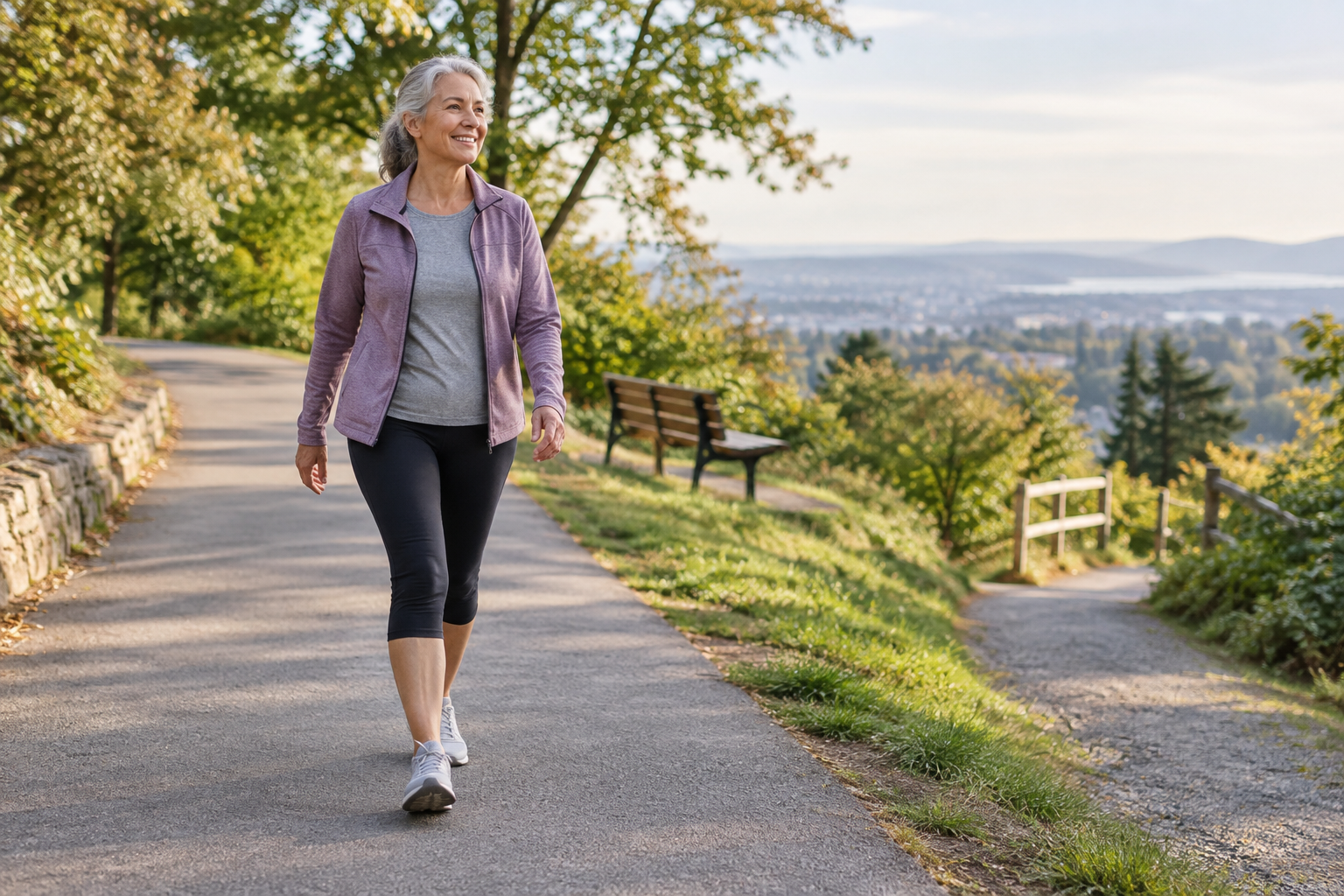 A realistic, article-specific outdoor scene showing an adult with knee osteoarthritis taking part in a manageable everyday activity on a quiet, gently sloping park path. The person is walking at a comfortable pace with relaxed posture, with a bench and a second, shorter route visible ahead to suggest pacing and choice rather than endurance or competition. Use a natural three-quarter viewpoint at eye level, soft daylight and an uncluttered seasonal setting. The visual focus should be on confident, sustainable movement and the surrounding environment, not pain or medical equipment. Avoid exaggerated discomfort, fitness-tracker screens, logos, branded clothing, clinical settings and generic exercise imagery. | How to Stay Active With Knee Osteoarthritis