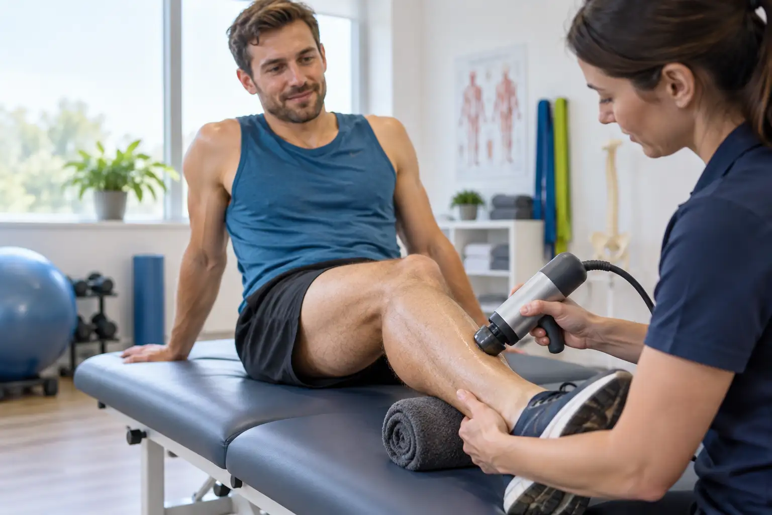 Create an authentic, contemporary UK rehabilitation scene focused on close-up of a shockwave device. The patient should appear engaged and hopeful rather than distressed, communicating that shockwave therapy is one part of a wider assessment-led plan. Include an unobtrusive treatment device in the background only if naturally appropriate, but do not make it the dominant subject. Use a natural three-quarter viewpoint at eye level, soft daylight, realistic clinical surroundings and unbranded clothing. Avoid dramatic pain expressions, logos, invented clinic details and generic stock-photo consultation poses. | Shockwave Therapy: Who Might Benefit? | Image option B