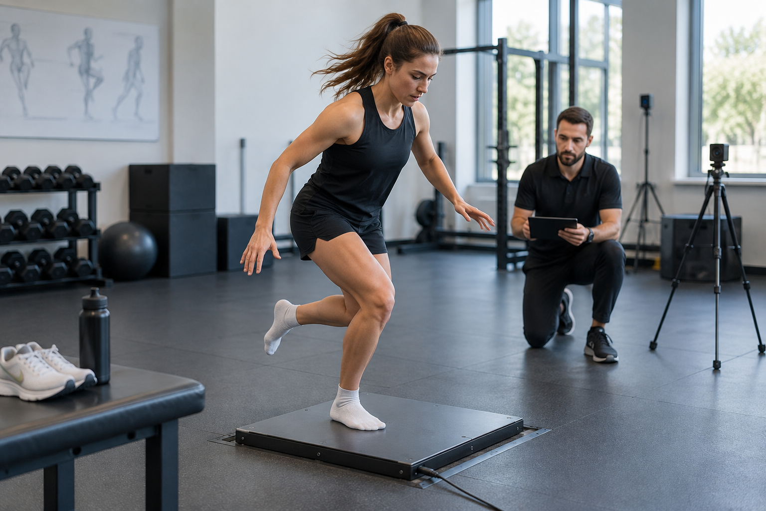 A realistic, article-specific sports performance scene showing an athlete midway through a controlled single-leg landing assessment in a spacious testing area, with one foot contacting a force plate and the other leg held stable. The composition should focus on the contrast between an ordinary training session and a precise assessment moment: a pair of running shoes and a water bottle sit to one side, while the athlete’s movement and the force plate create the visual centre. Use a three-quarter side viewpoint, natural clinical lighting, neutral equipment without visible logos, and no readable screens, charts or invented branding. The image should communicate that testing examines how movement is produced, not simply how much training was completed. | What Can Athlete Testing Tell You That Training Data Cannot? | Image option A