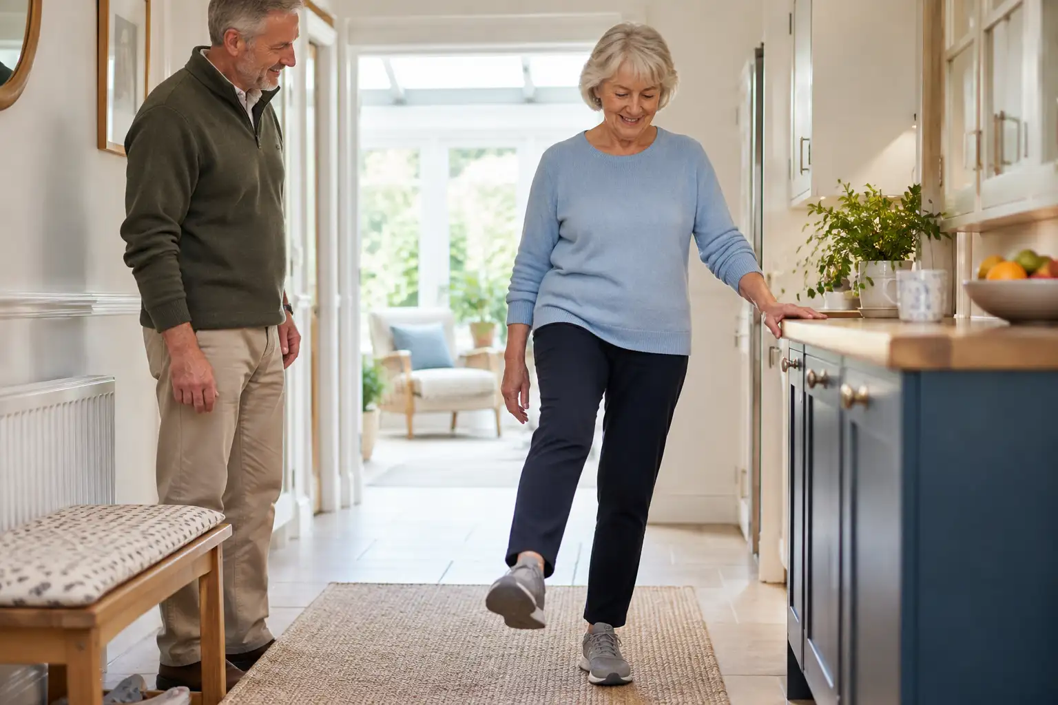 Create an authentic, contemporary UK active-ageing scene that communicates balance, confidence and everyday independence rather than a clinical exercise demonstration. Show an older adult in a bright, familiar home hallway or conservatory, calmly practising a supported weight shift near a sturdy kitchen worktop while a family member is present nearby but not taking over. The strongest visual idea is confidence through safe, adaptable movement: the person is upright, focused and relaxed, with a clear route through the home and ordinary daily-life context visible beyond. Use a natural three-quarter viewpoint at eye level, soft daylight and believable UK surroundings. Include subtle environmental cues such as a firmly positioned chair or work surface, but avoid making equipment the subject. Vary the composition from recent outdoor walking and clinical rehabilitation imagery by using an intimate indoor setting, one primary participant and a supportive family relationship. Avoid dramatic fall imagery, frightened expressions, medical equipment, walking frames as the dominant subject, readable signs, logos, branded clothing and generic fitness photography. | Simple Balance Exercises for Everyday Confidence