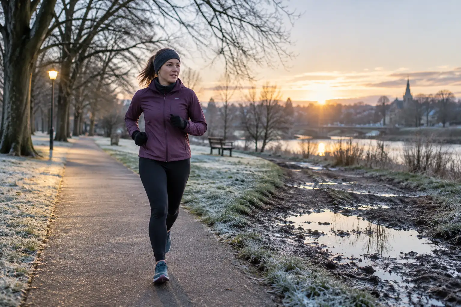 Create an authentic, contemporary UK winter running scene at first light, with one adult recreational runner moving steadily along a clear park or riverside path after a cold night. The strongest visual idea is adapting intelligently to winter rather than battling through it: the route should show a mixture of firm clear ground and a visibly slippery or waterlogged section that the runner is approaching thoughtfully, with a nearby well-lit alternative path or open stretch suggesting choice and planning. Use a natural three-quarter viewpoint from slightly ahead and at eye level, with soft blue-grey dawn light, low winter sun beginning to break through and believable UK surroundings. The runner should wear practical, unbranded layered clothing and look focused and comfortable, not heroic or distressed. Keep the environment, route decisions and steady movement more important than shoes, watches or other equipment. Avoid dramatic ice, dangerous sprinting, exaggerated breath, logos, readable signs, branded clothing, generic fitness poses and close-ups of devices. | Training Through Winter Without Losing Momentum